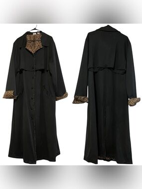 Vintage Newport News Long Black Trench Coat with Leopard-Print Lining Size 3X